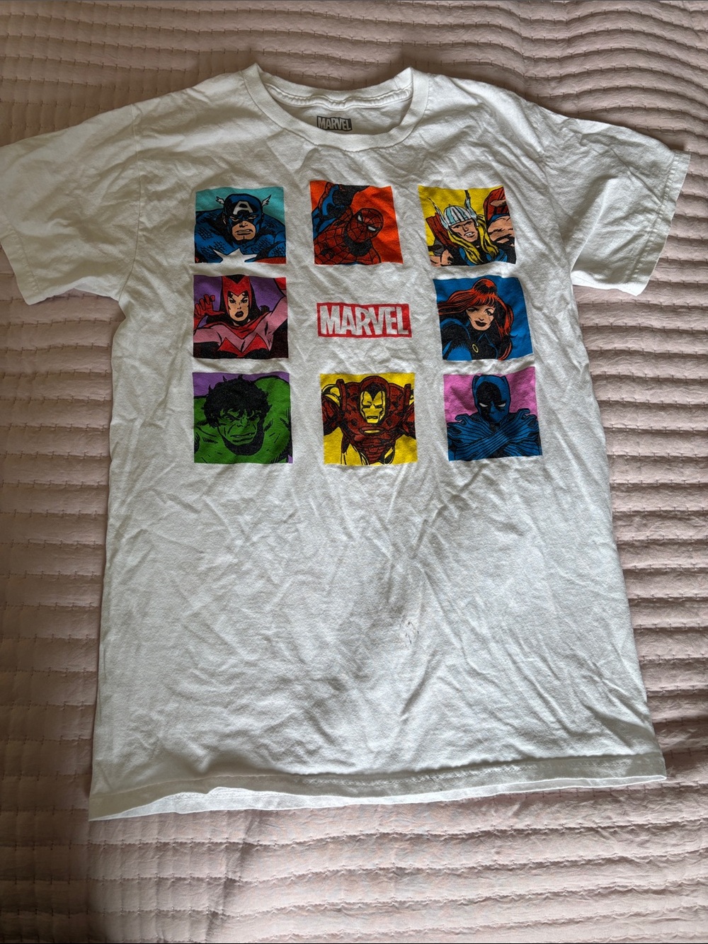 Marvel White Tee with Multicolor Hero Panels